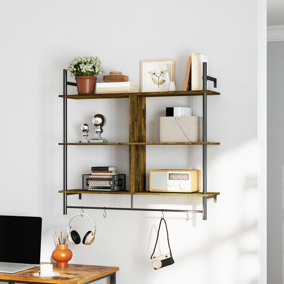 image 1 of HOMCOM Wall Shelf Unit with 4 Hooks for Living Room Rustic Brown