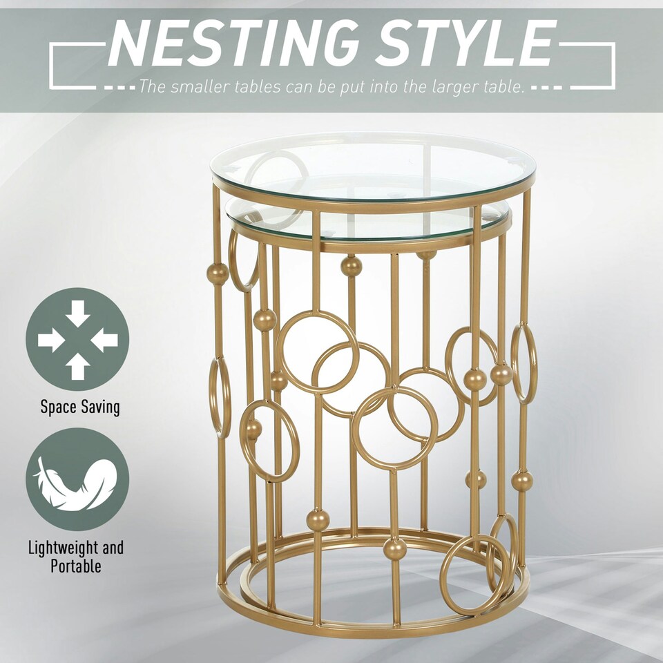 image 1 of HOMCOM Set of 2 Nesting Coffee Table, Side Tables with Glass Top, Gold Tone Gold