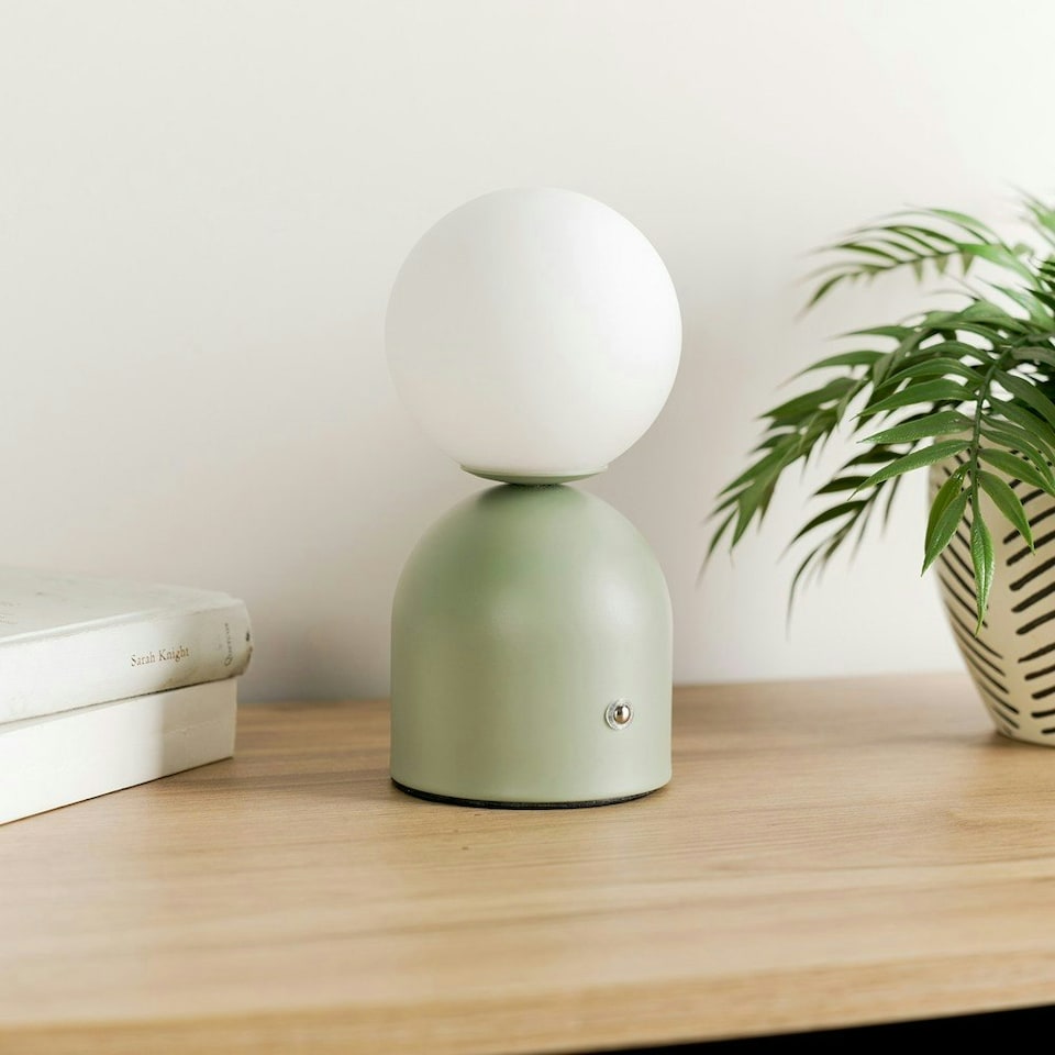 image 1 of ValueLights Marlow Dimmable Painted Green Table Lamp with White Globe Shade and Integrated LED 2W White Mix 3000K Bulb
