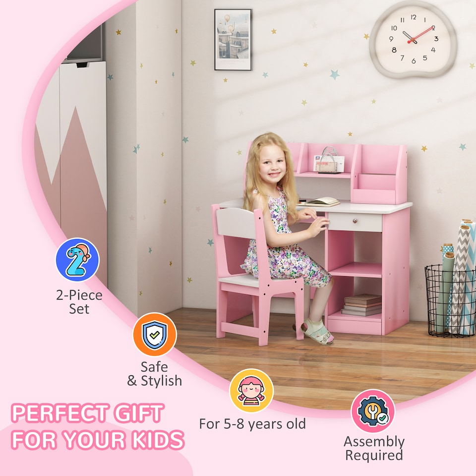 image 1 of ZONEKIZ Kids Desk and Chair Set with Storage for 5-8 Years | Pink