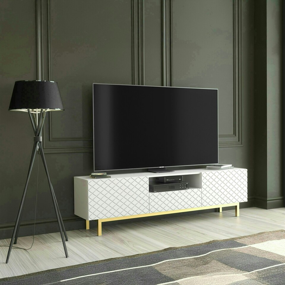 image 1 of White TV Unit 180cm Diamond Fronts Gold Legs Modern Media Cabinet White
