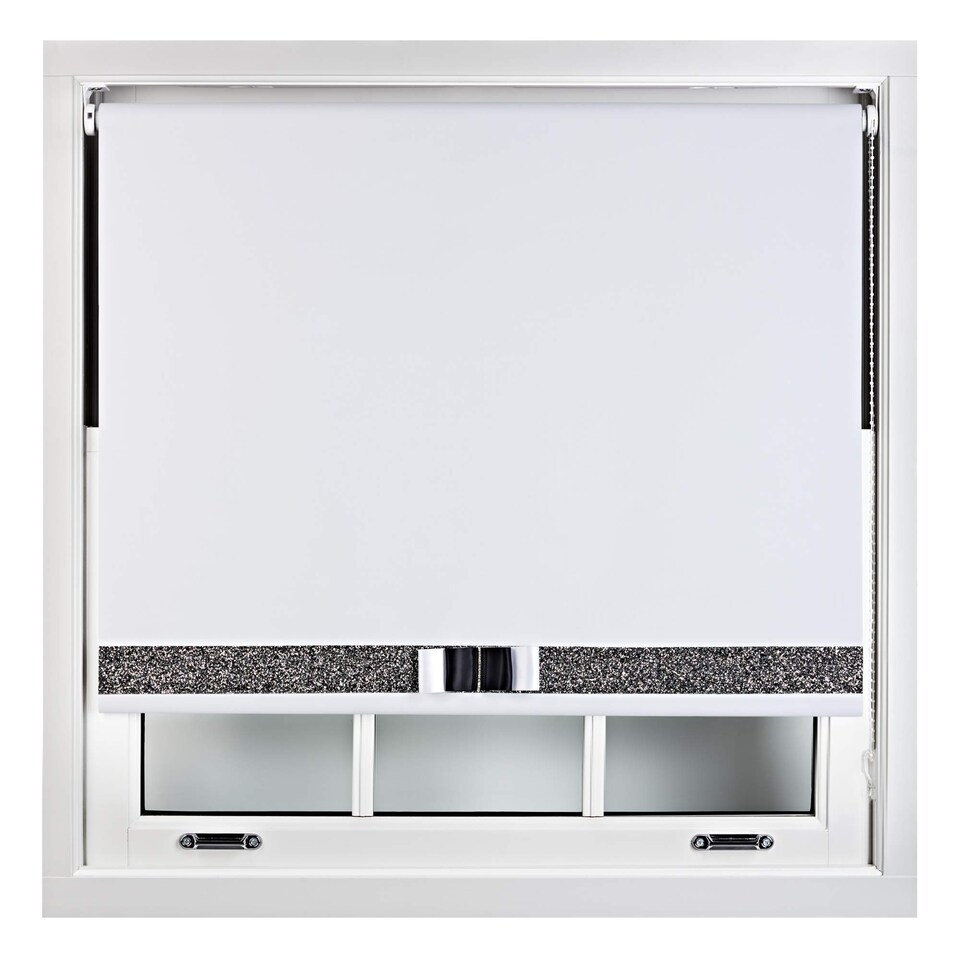 image 1 of FURNISHED Blackout Roller Blind with Black Glitter Trim and Black&White Bow Cut to Size | White | White 1 | (W) 150cm x (L) 165cm