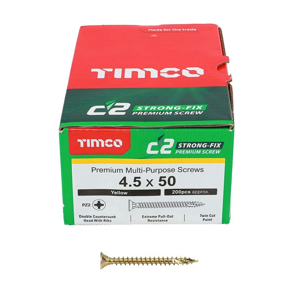 image 1 of Timco - C2 Strong-Fix Multi-Purpose Premium Screws - PZ - Double Countersunk - Yellow (Size 4.5 x 50 - 200 Pieces)