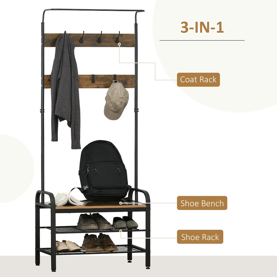image 1 of HOMCOM Industrial Coat Rack Stand with 8 Hooks Hangers Storage Cabinet Brown