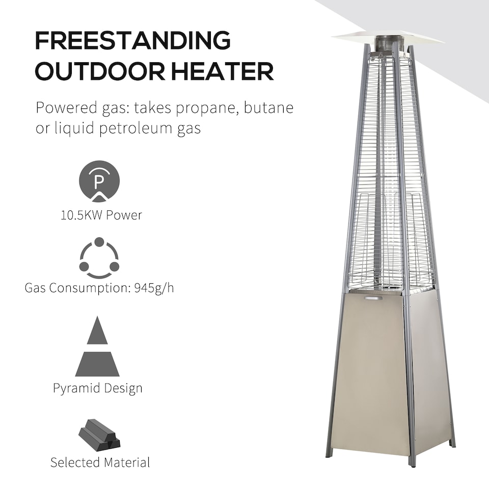 image 1 of Outsunny 10.5KW Propane Patio Heater Freestanding Pyramid Gas Outdoor Tower Heater Warmer with Wheels, Rain Cover, Regulator and Hose - Silver