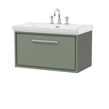 Balterley Modern Bathroom Wall Hung Single Drawer Vanity Unit with Fireclay Basin - 3 Tap Holes | Green | Reed Green | 498 x 830 x 471mm