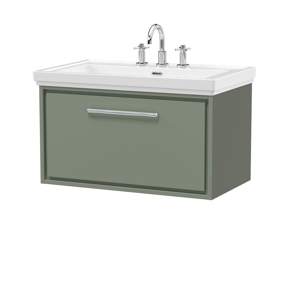 image 1 of Balterley Modern Bathroom Wall Hung Single Drawer Vanity Unit with Fireclay Basin - 3 Tap Holes | Green | Reed Green | 498 x 830 x 471mm