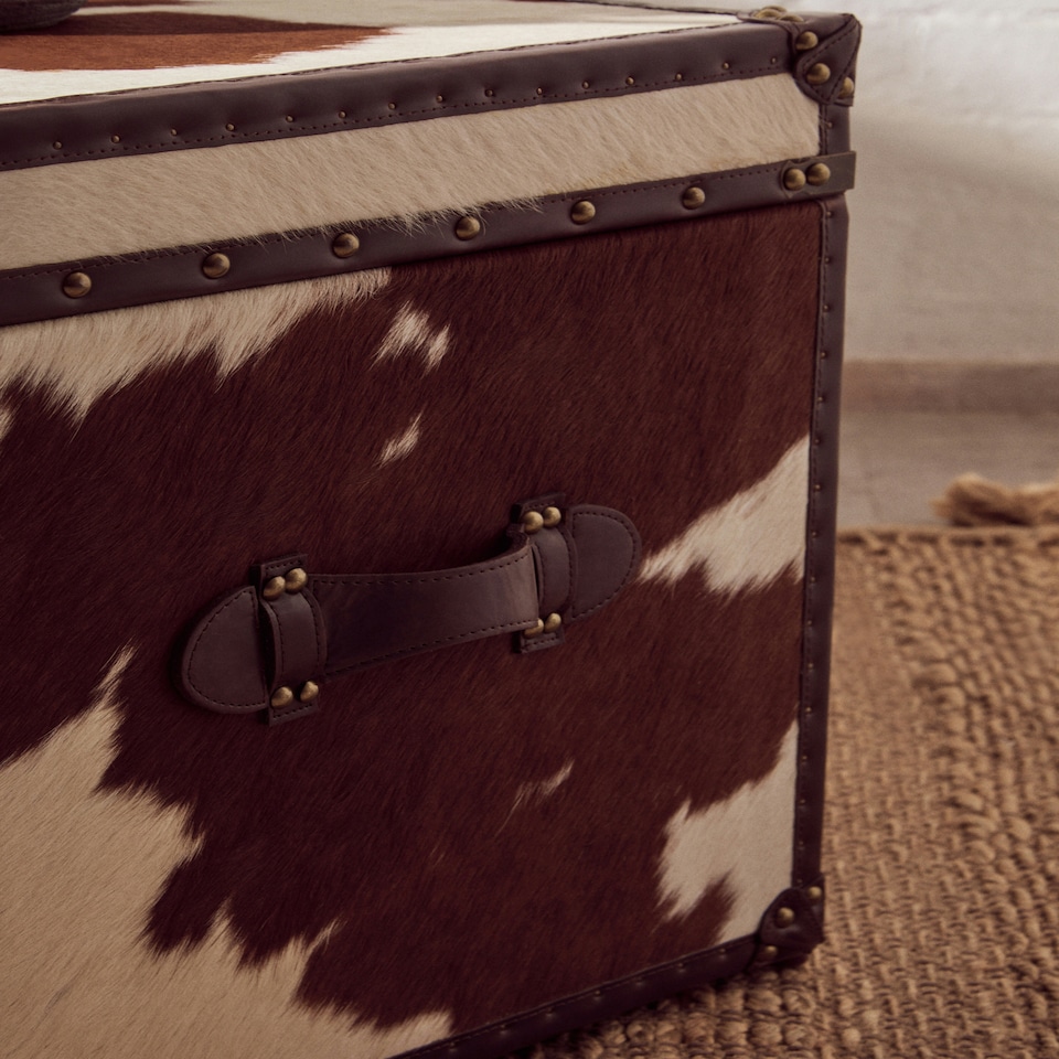 image 1 of Interiors By Premier Brown & White Genuine Cowhide Storage Trunk Set,Chest Boxes With Toggle Latches,Trunk With Real Leather Trim Brown
