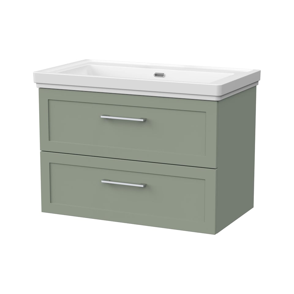 image 1 of Balterley Stonnall Traditional Wall Hung 2 Drawers Vanity Unit with Traditional 0 Tap Hole Fireclay Basin, 800mm, Reed Green