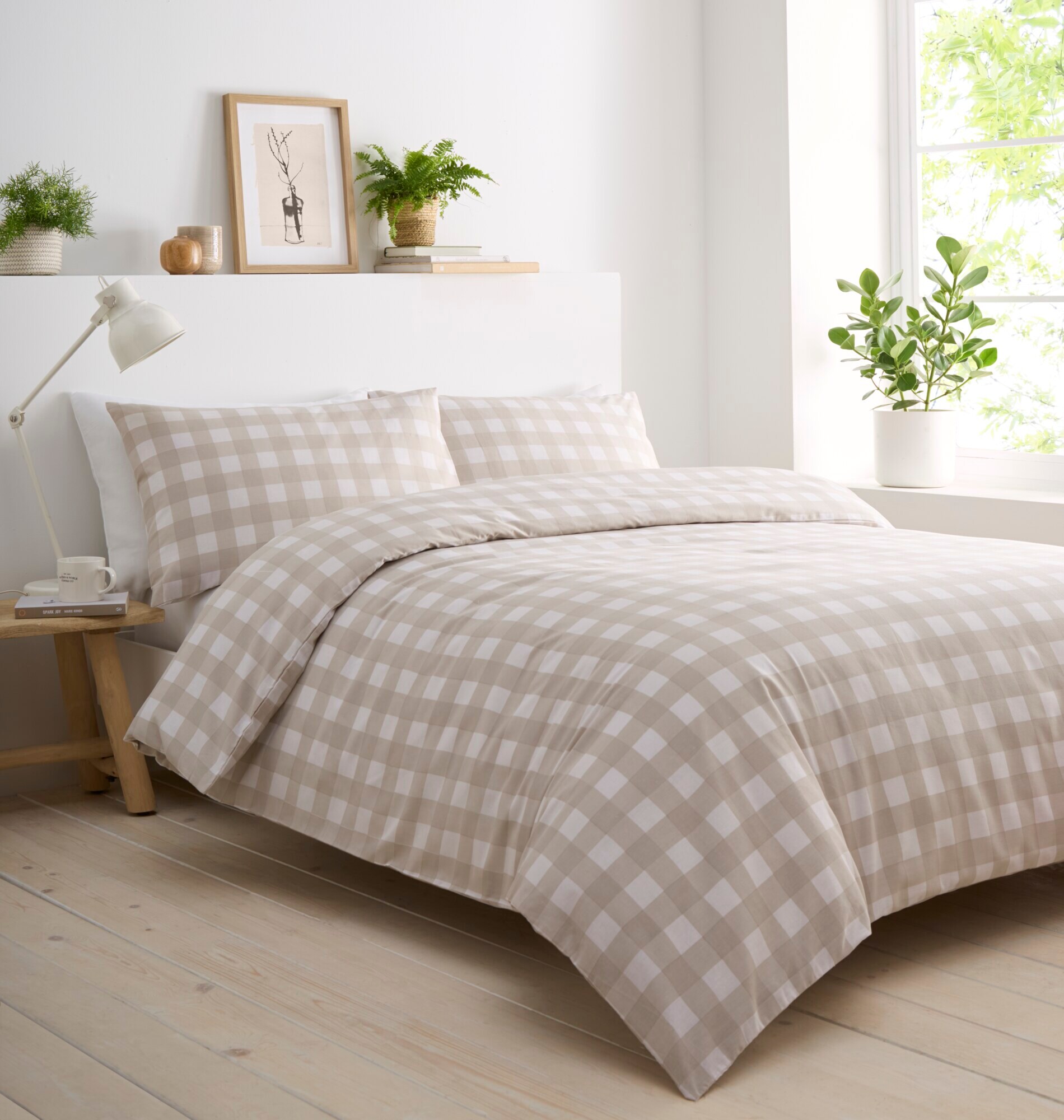 Gingham Check Soft Easy Care Bed Linen Bedding Duvet Cover Quilt Set With Pillow Cases | Cream | Double