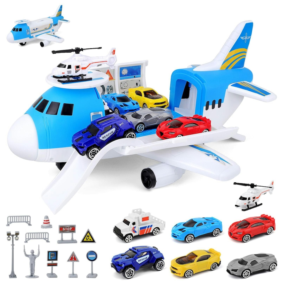 image 1 of Transport Cargo DIY Plane Car Toy Play Set – With 4 Mini Cars, Helicopter & Ramp – Educational Vehicle Storage Toy for Kids