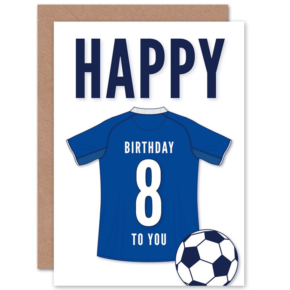 image 1 of Blue Football Strip Kit Jersey Age 8 Year Old Child Kids 8th Birthday Card