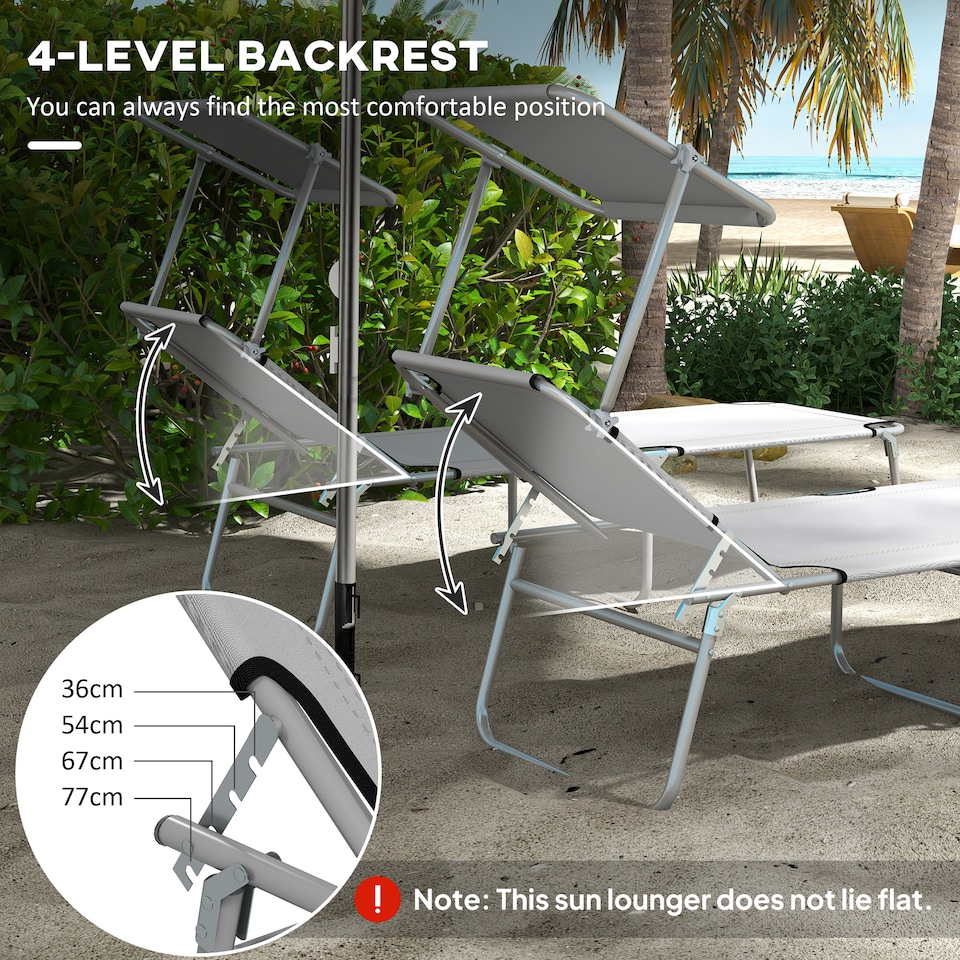 image 1 of Outsunny Folding Sun Lounger Set of 2 w/ Sunshade Adjustable Backrest Light Grey