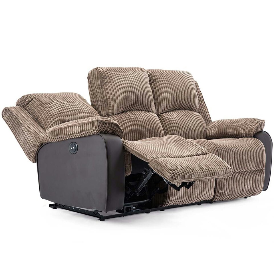 image 1 of Postana 3 Seater Electric High Back Jumbo Cord Fabric Recliner Sofa (Brown)