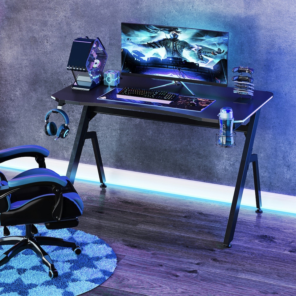 image 1 of HOMCOM Ergonomic Gaming Desk with Hook Cup Holder LED & Cable Management, Black