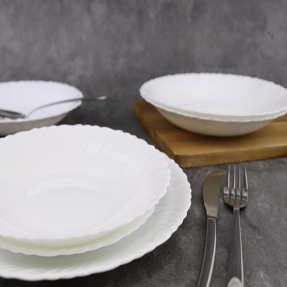 image 1 of White Opal Glass Dinner Set Plates Soup Bowls Dinnerware | White | Sophia Wavy - 24 Pcs | 24