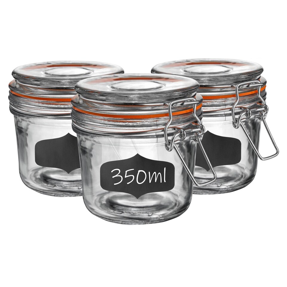 image 1 of Argon Tableware 6x Glass Storage Jar & Labels Set - 350ml 4 Colour Seals Airtight Kitchen Storage Container Preserving Jar