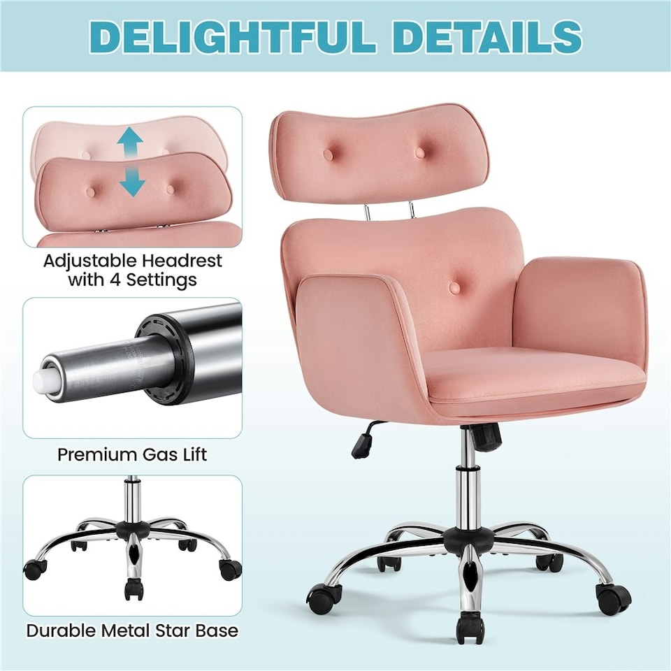 image 1 of Yaheetech Rolling Swivel Computer Chair with Adjustable Headrest Pink Pink