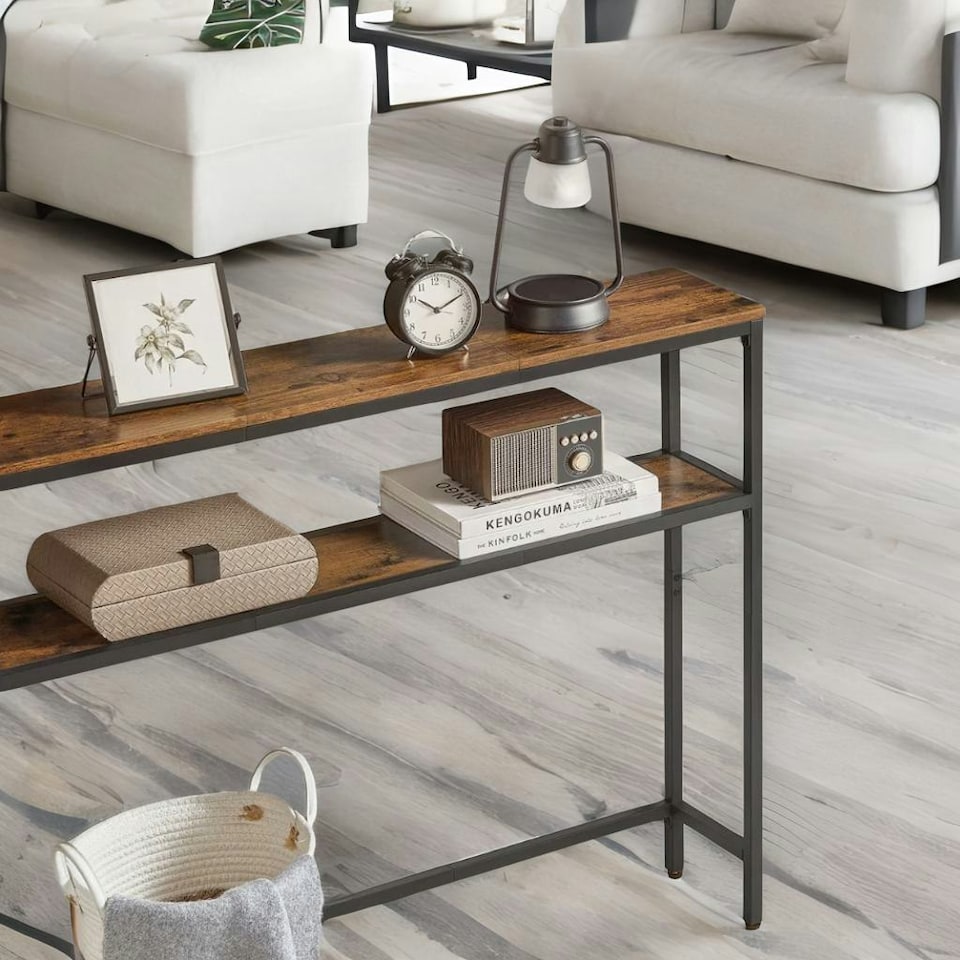 image 1 of Industrial Slim Hallway Console Table With 2 Shelves Rustic Brown Brown