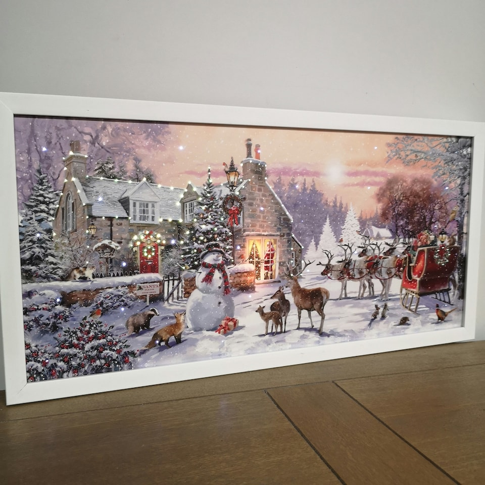 image 1 of 60 x 30cm Battery Operated Fibre Optic Touch Activated LED Christmas Wall Art with Santa Cottage Scene