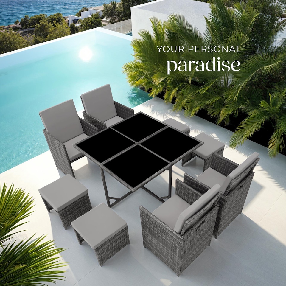 image 1 of Garden Table and Chairs Bilbao - 8 seats, weather & UV-resistant, rain cover | Grey | grey | 53 x 53 x 87 cm | 1