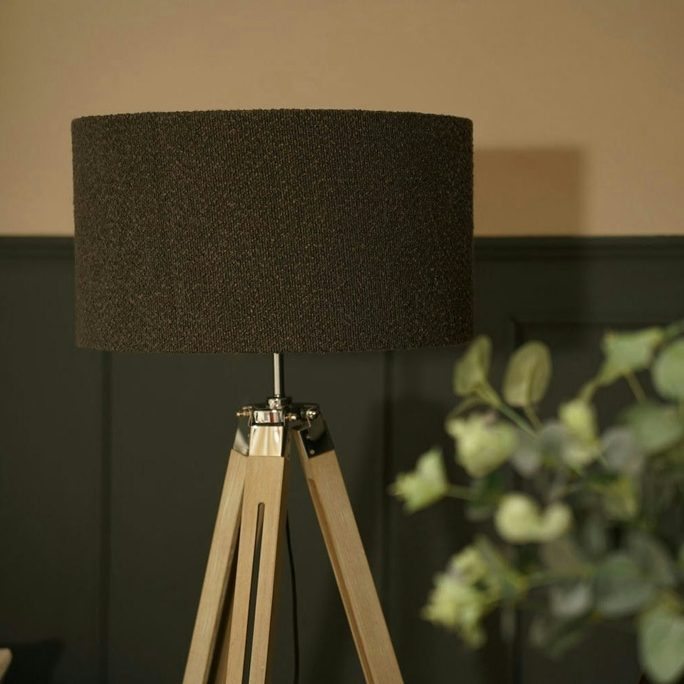 image 1 of ValueLights Clipper Painted Natural Floor Lamp with Large Charcoal Drum Shade and LED Bulb
