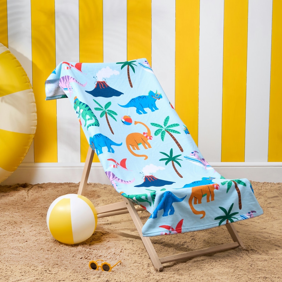image 1 of Brentfords Kids Dino Beach Print Absorbent Holiday Travel Beach Bath Towel Blue | One size