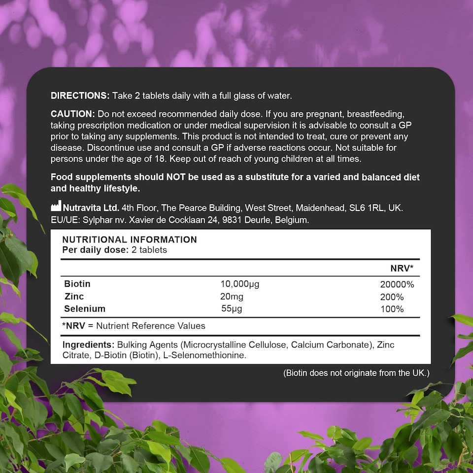 image 1 of Nutravita Biotin Hair Growth Supplement 10,000mcg with Zinc & Selenium - Maintain Normal Hair Skin & Nails with Zinc & Selenium - 180 Vegan Tablets