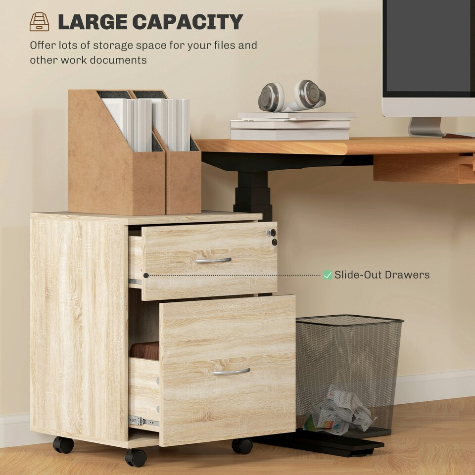image 1 of HOMCOM Pedestal Office Mobile Filing Cabinet 2 Drawer Wooden Storage Oak
