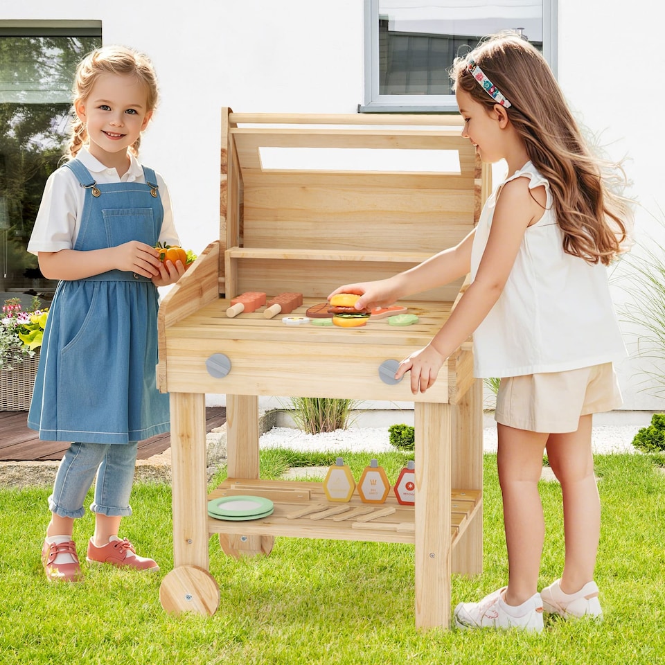 image 1 of COSTWAY Wooden Barbecue Grill Toy Set Kids BBQ Grill Playset With Play Food Natural