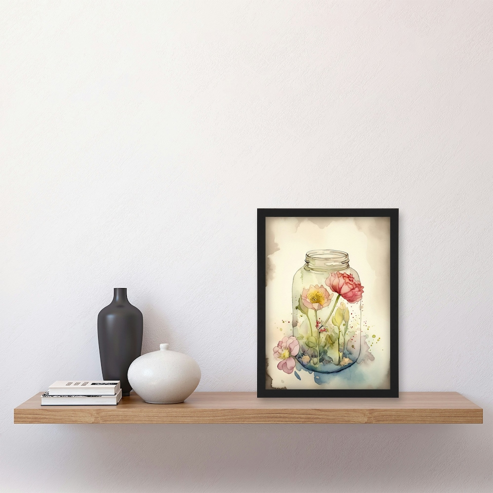 image 1 of Wildflowers Glass Jar Soft Watercolour Pink Black Framed Wall Art Print A4