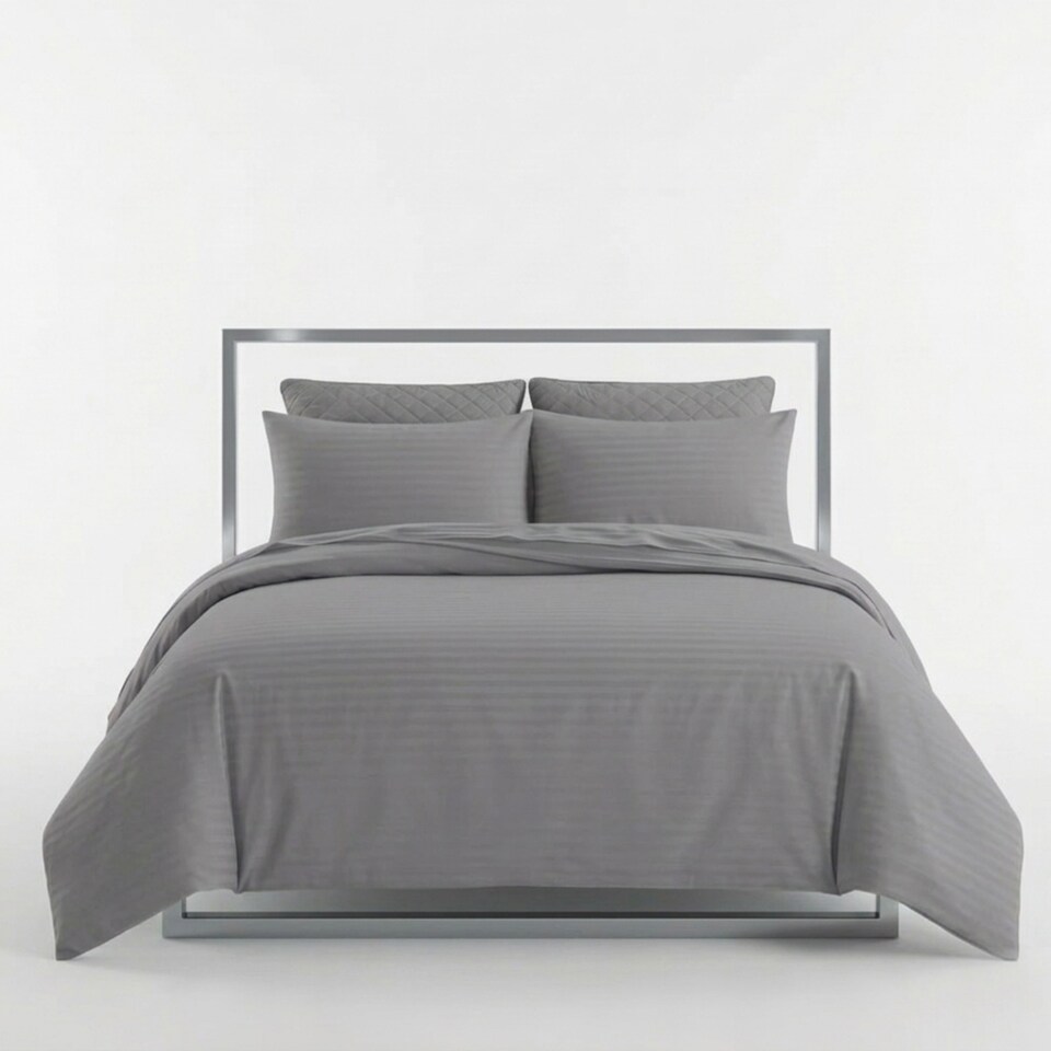 image 1 of Luxury Satin Stripe Duvet Cover Set T250 Cotton Rich Soft Bed Linen | Grey | Double