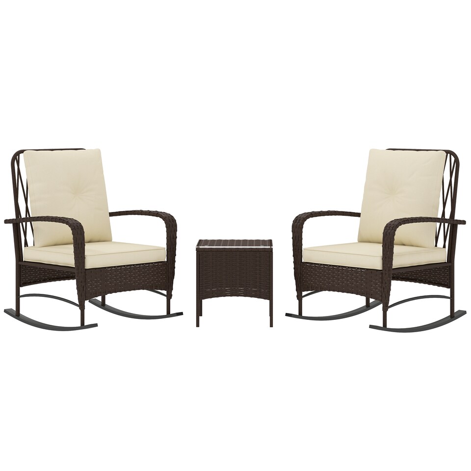 image 1 of Outsunny 3 Pieces Rattan Bistro Set, Wicker Garden Furniture Set with Cushions, Glass Top Coffee Table and Rocking Chairs, Small Balcony Furniture for Outdoor, Porch, Brown