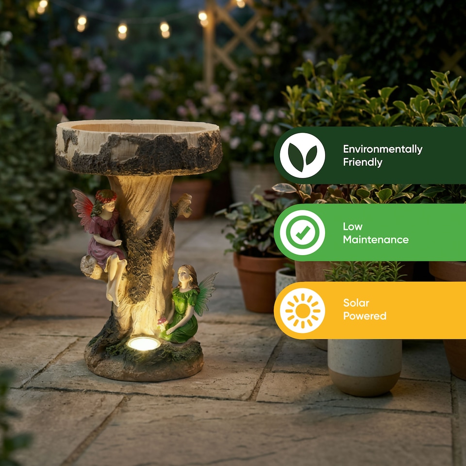 image 1 of Solar Fairy Birdbath with LED Light Decorative Garden
