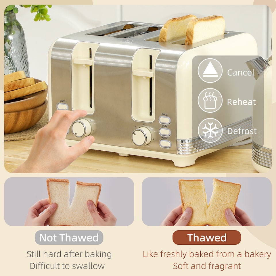 image 1 of HOMCOM Stainless Steel Kettle and Toaster Set, 1.7L 3000W Cordless Fast Boil Kettle, 4 Slice Toaster Kitchen Set with 7 Level Browning Controls, Defrost, Reheat and Crumb Tray, Cream White