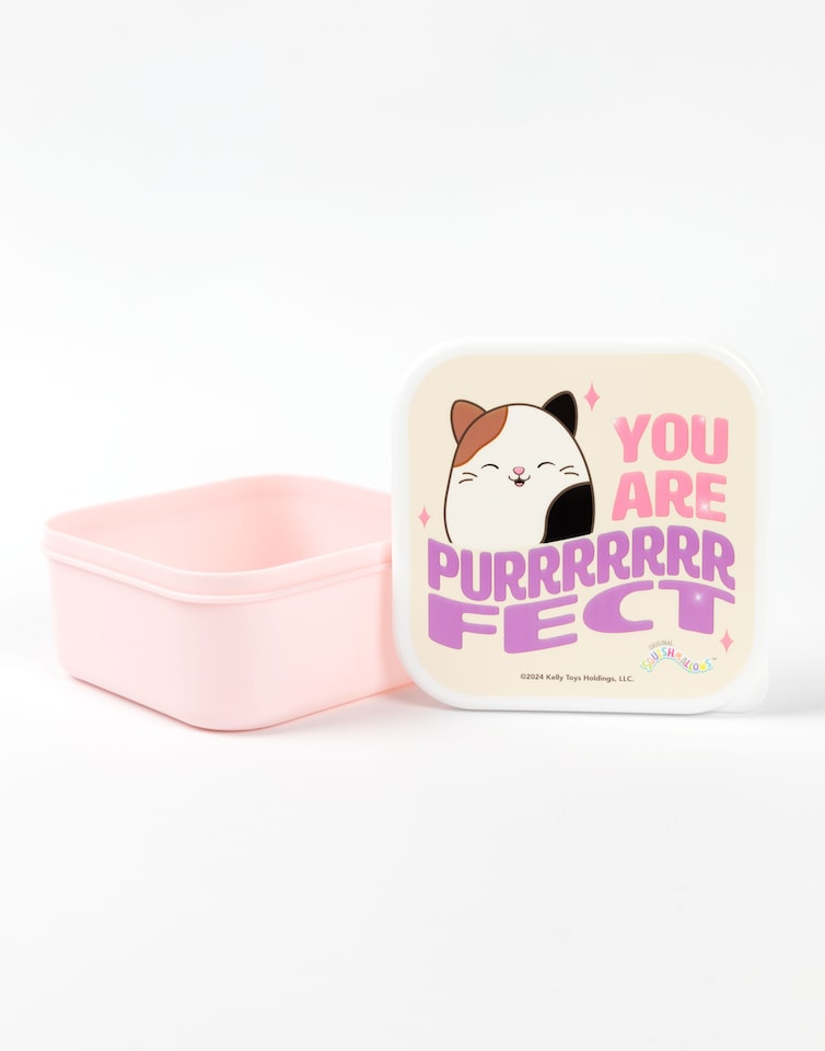 image 1 of Squishmallows Girls Lunch Bag Set | Kids 3 Piece Bundle with Fluffy Dinner Bag, Water Bottle & Snack Pot | Childrens Plush Cam the Cat Zip Bag with 3D Ears in Pink & Purple | Back to School Gifts