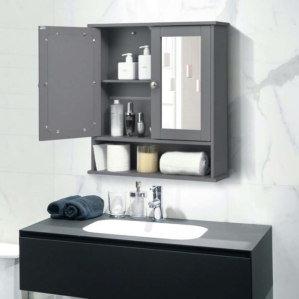 image 1 of COSTWAY Wall Mounted Bathroom Mirror Cabinet Storage Grey Grey