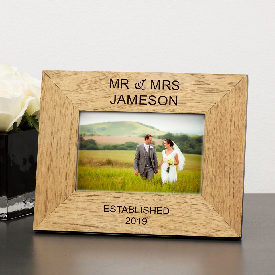 image 1 of Personalised Mr & Mrs Wood Picture Frame 6 x 4 Wedding Couple