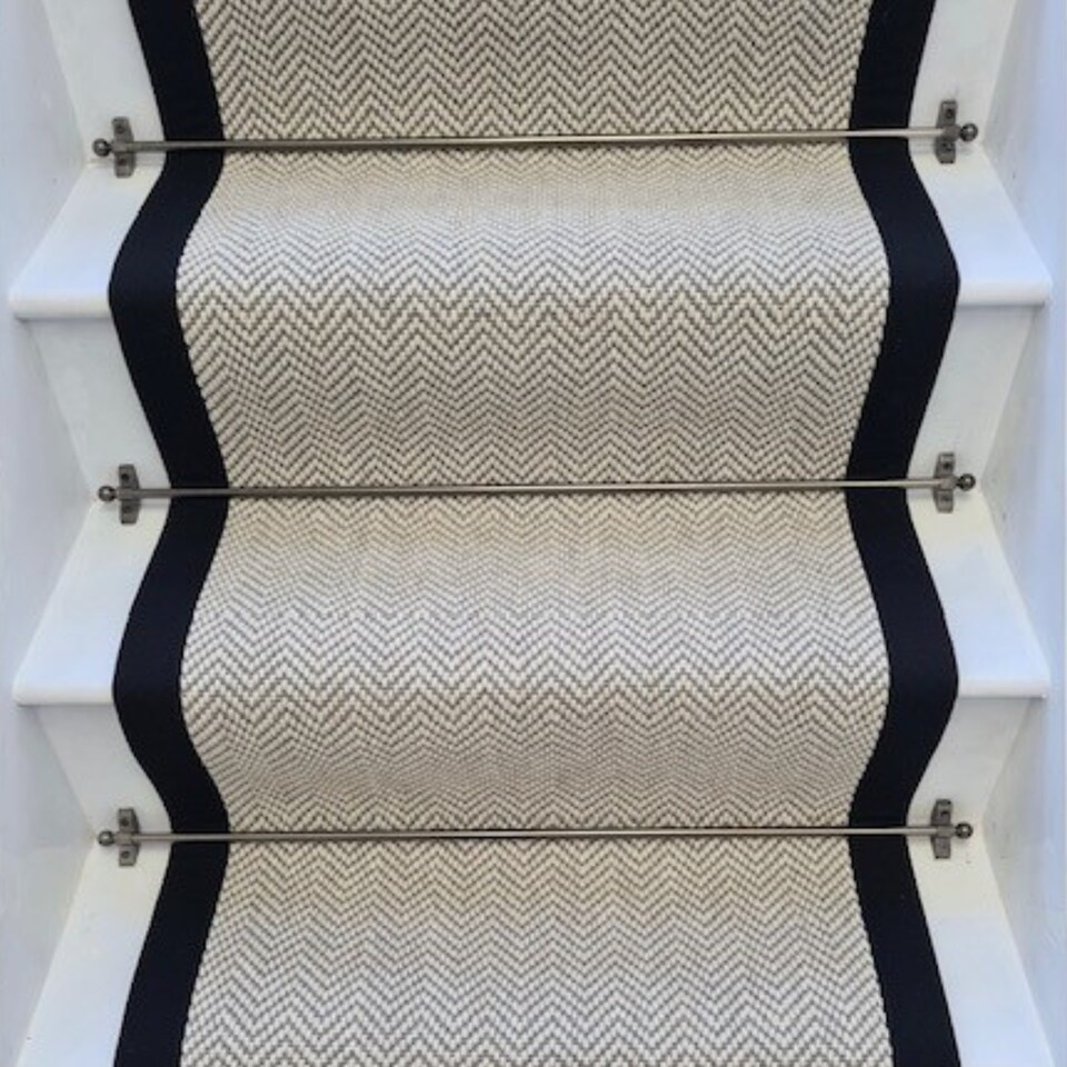 image 1 of Herringbone Dapple Wool Stair Runner with 100% Cotton Black Border 65cm x 650cm