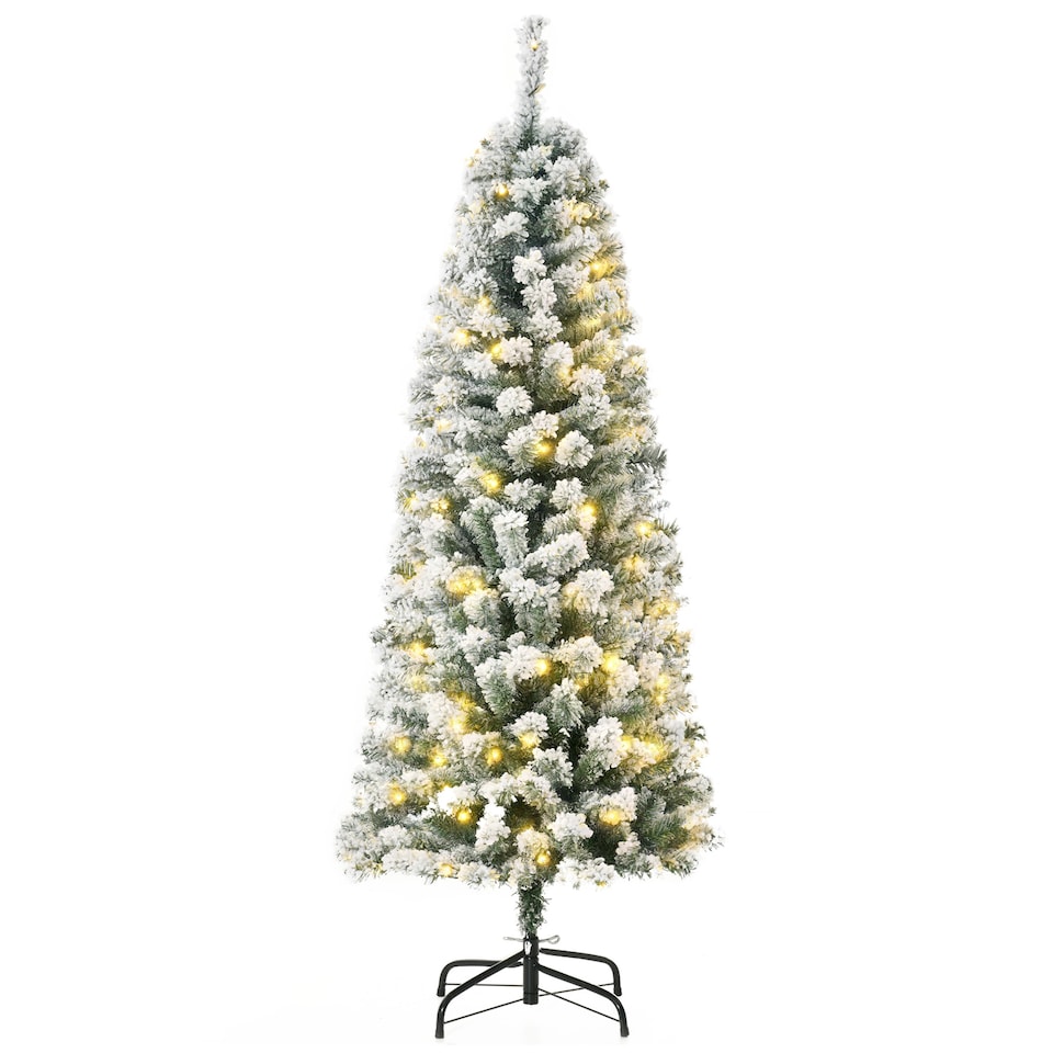 image 1 of HOMCOM 5FT Prelit Artificial Snow Flocked Christmas Tree with Warm White LED Light, Holiday Home Xmas Decoration, Green White
