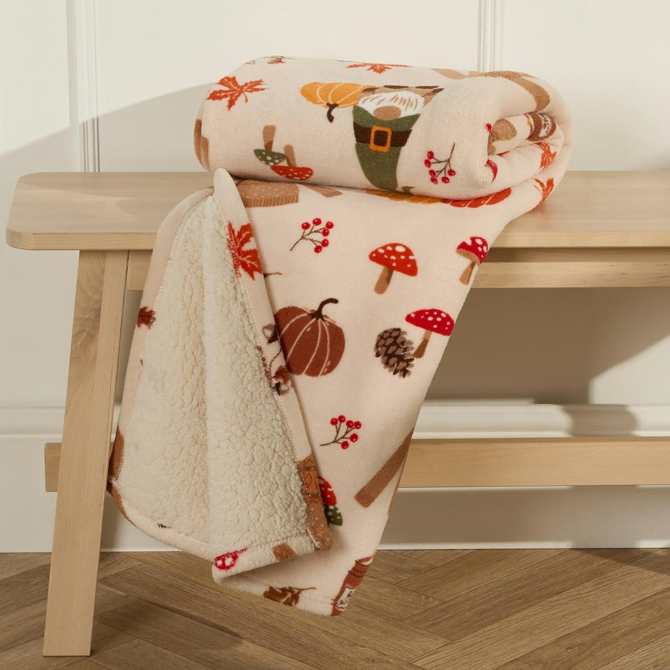 OHS Autumnal Gonk Printed Sherpa Fleece Reverse Blanket Throw 125x150cm Natural Tesco Groceries