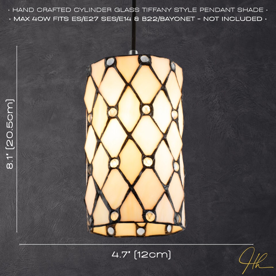 image 1 of Traditional Cream Amber Tiffany Glass Pendant Lamp Shade with Small Clear Beads | Orange