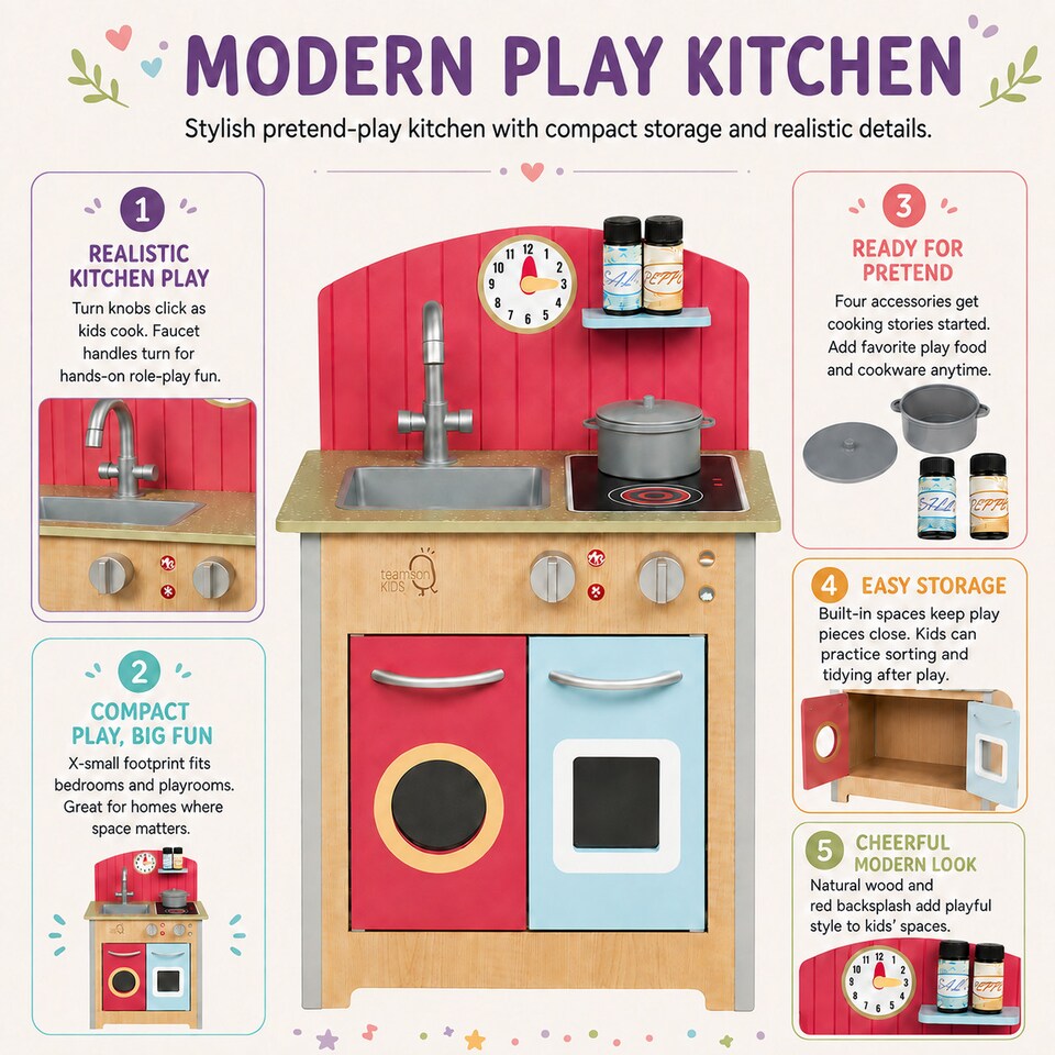 image 1 of Teamson Kids Wooden Play Kitchen with 4 Accessories, Red, Porto