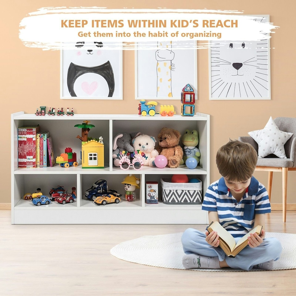 image 1 of COSTWAY Kids Storage Shelf 5-Cubby Wooden Bookcase White | White
