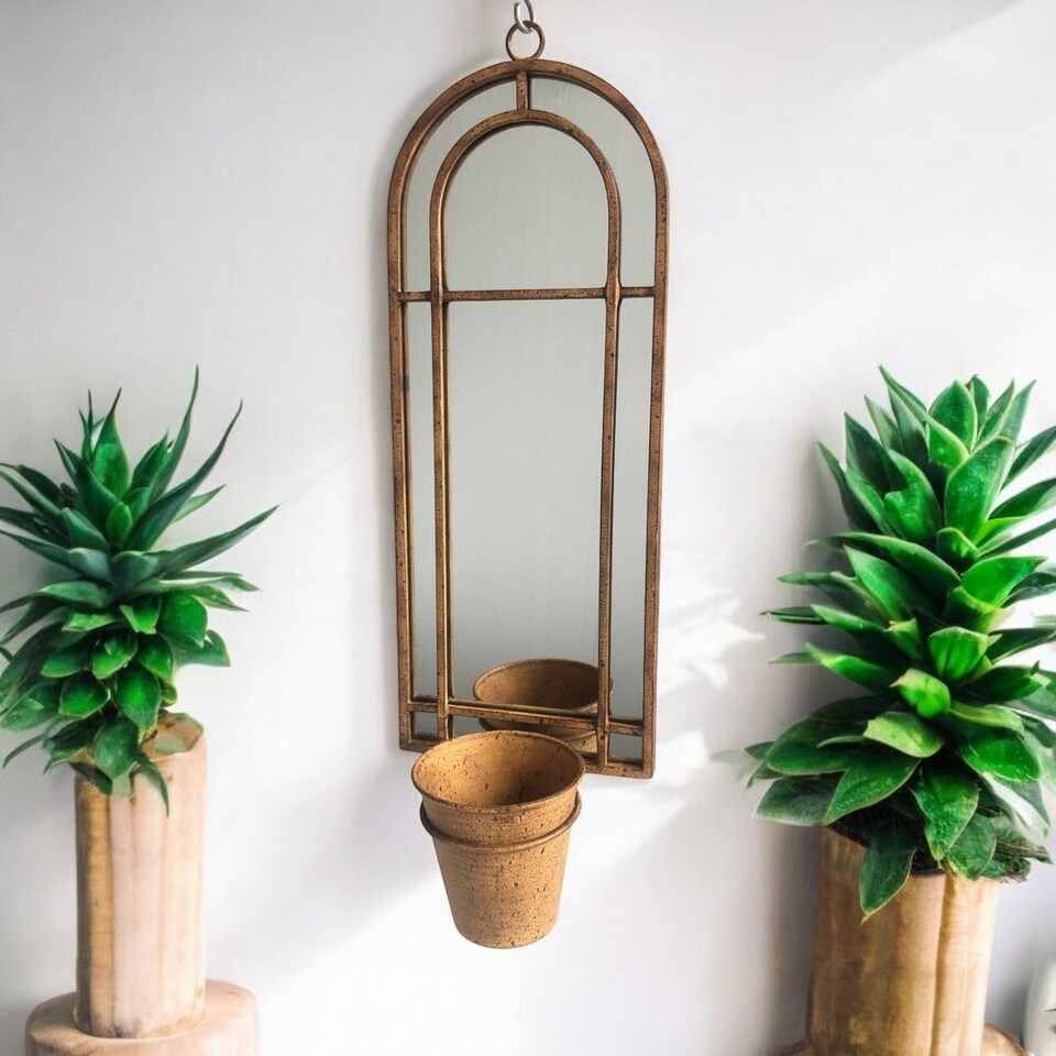image 1 of Wall Mirror with Single Planter - Metal - L15 x W20 x H64 cm