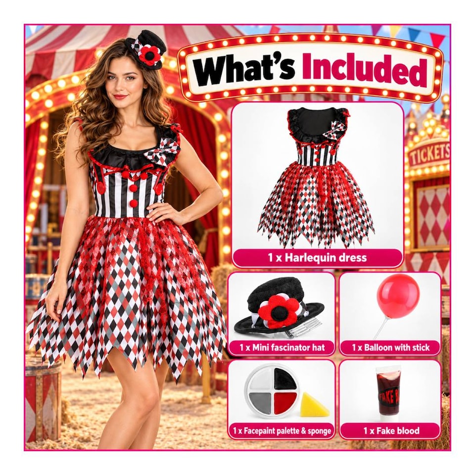 image 1 of Womens Killer Clown Halloween Costume - Fancy Dress with Balloon Prop