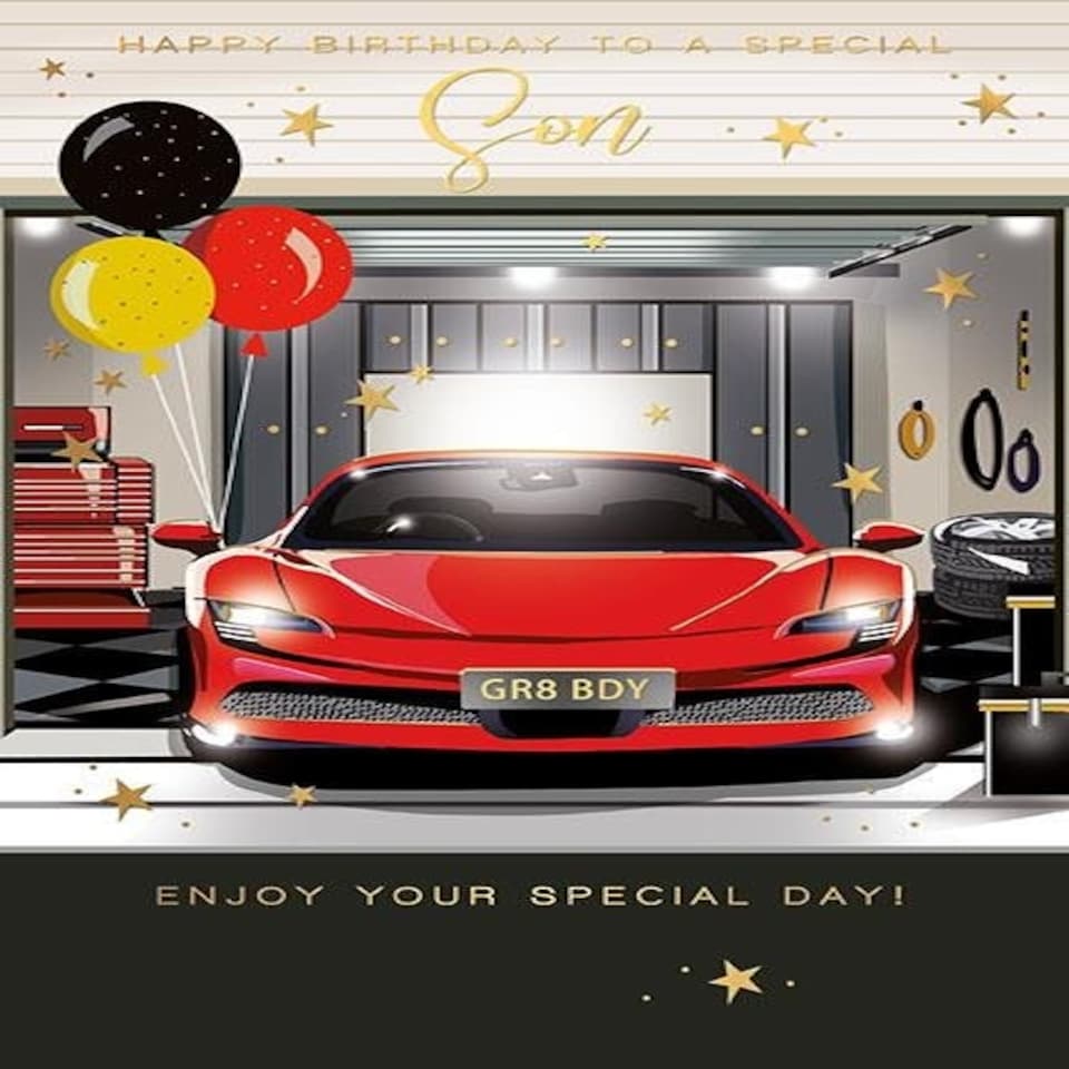 Words 'n' Wishes Special Son Birthday Card, Happy Birthday Card with Sports Car Design and Foil Details