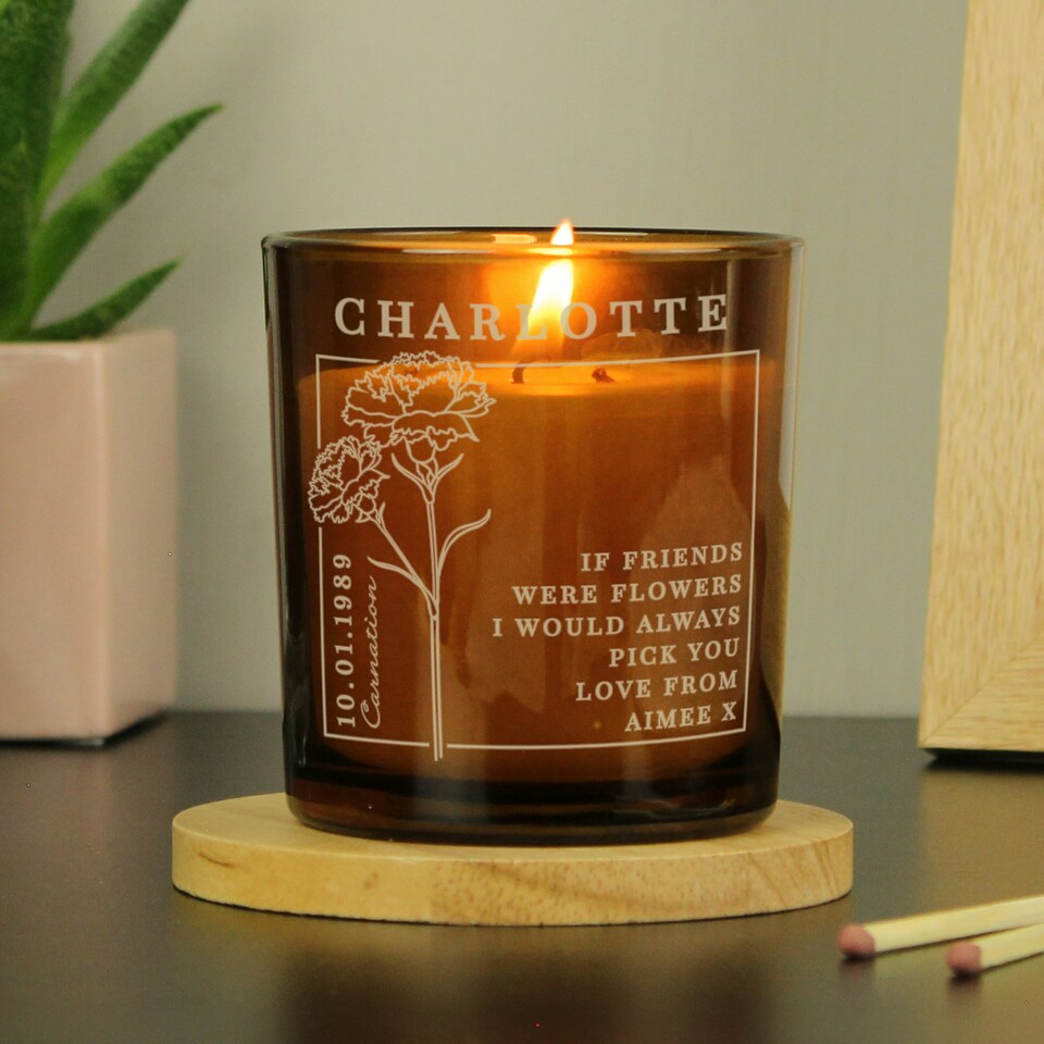 image 1 of Personalised January Birth Flower Amber Glass Candle Brown