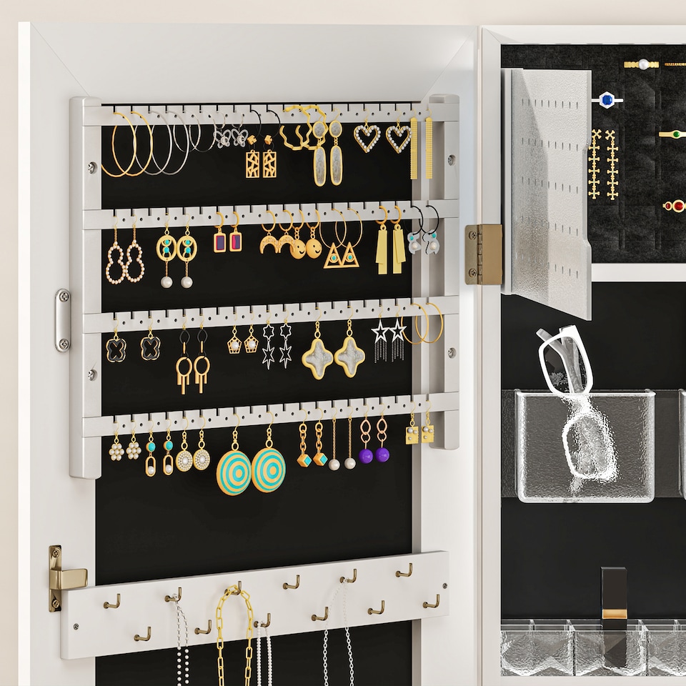 image 1 of HOMCOM Jewellery Cabinet with LED Lights, Door Hanging or Wall Mounted Full Length Mirror with Storage, Lockable Jewellery Organiser, White Surface and Black Lining | White | White Surface and Black Lining
