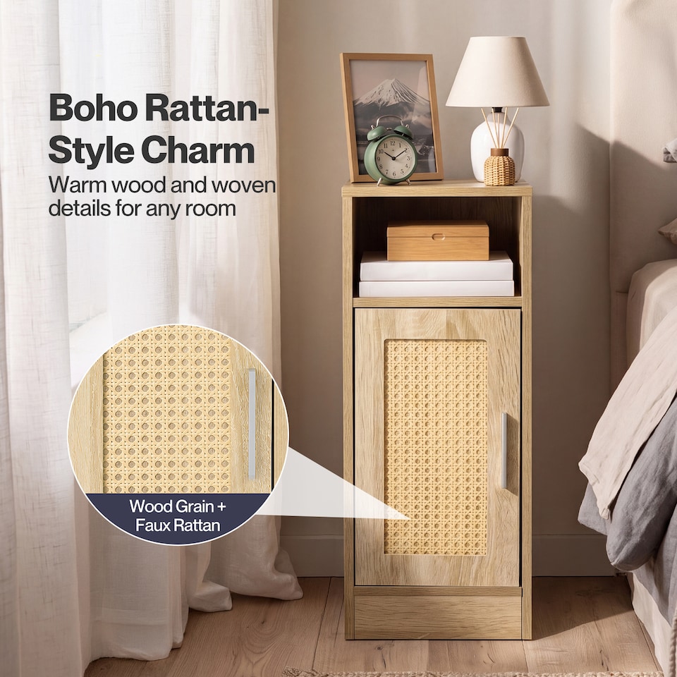 image 1 of Levede Bedside Table 2 Pc Narrow Side Table Boho Rattan Storage For Bedroom Wood